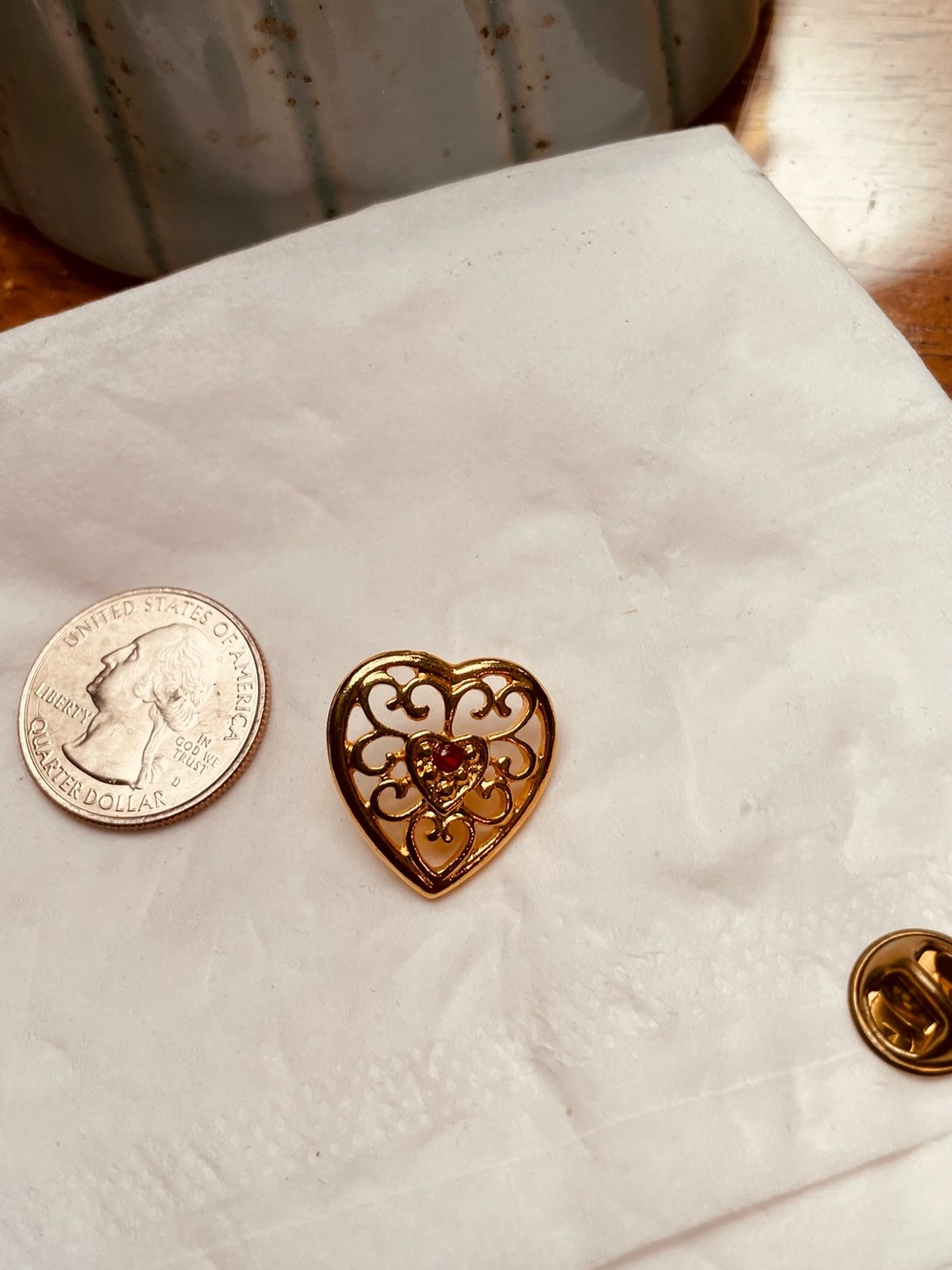 Gold Heart Filigree Tac Pin with Pink Crystal Accent